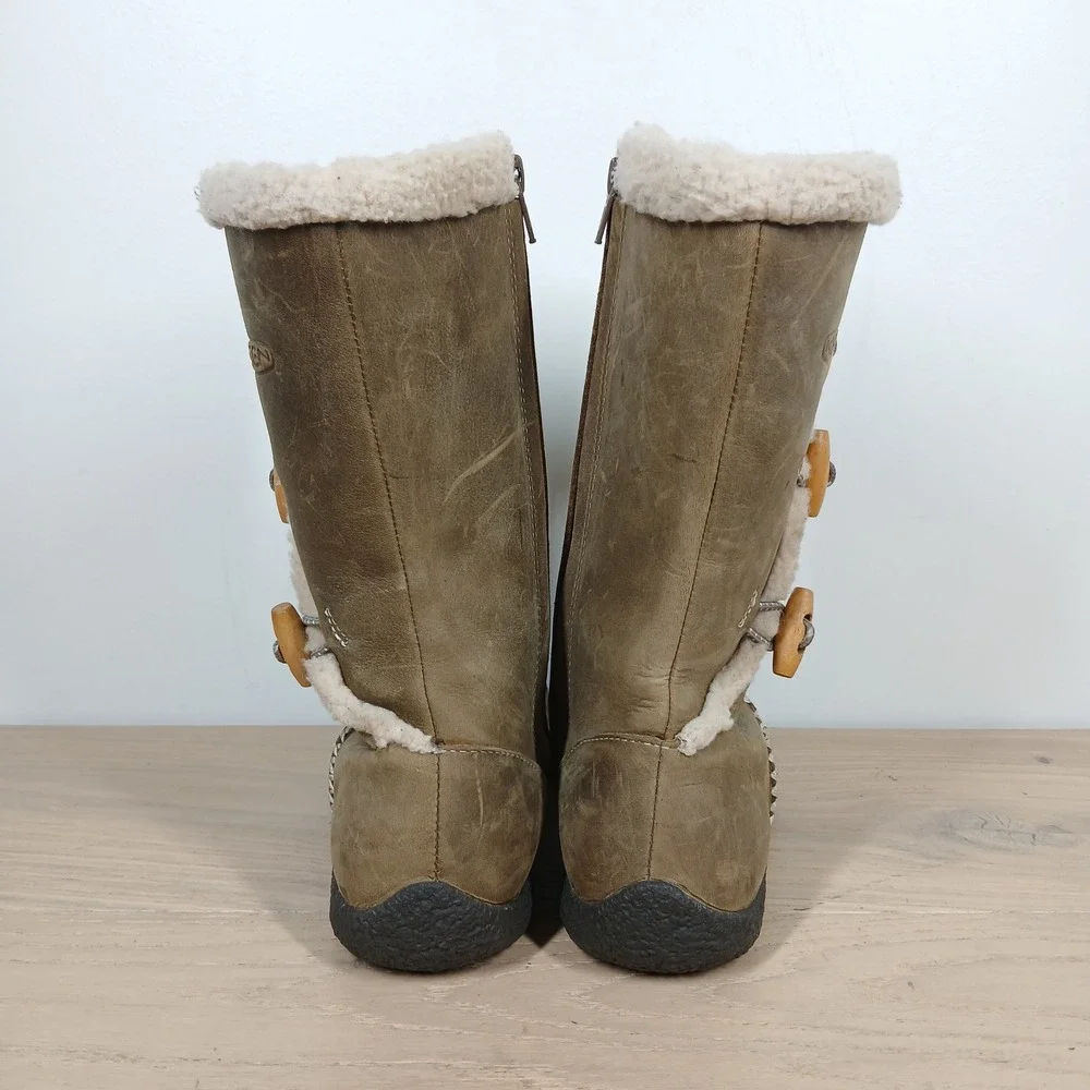 Keen Winter Boots Women 6 Olive Brown Leather Faux Fur Shearling Toggle Zip Tall